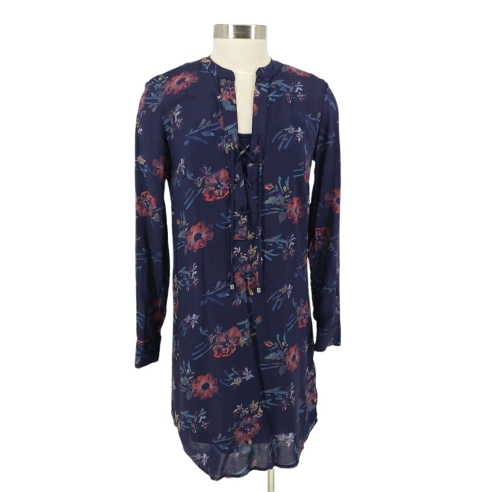Splendid Shift Shirt Dress Navy Blue Floral Long Sleeve Lined Lace Up V Neck
